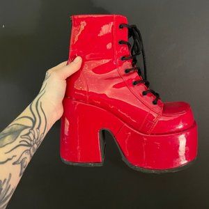 Demonia Camel 203 platform boot - red patent pvc size 8
